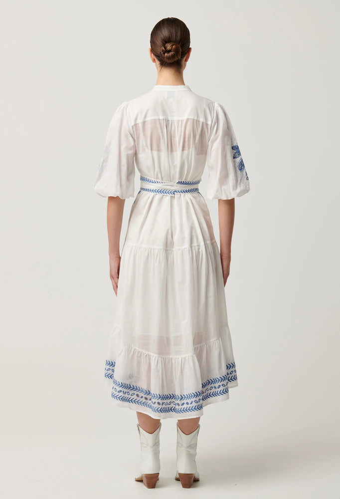 GABRIETTE PLACEMENT EMBROIDERED COTTON SLUB DRESS -MILK