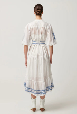 GABRIETTE PLACEMENT EMBROIDERED COTTON SLUB DRESS -MILK