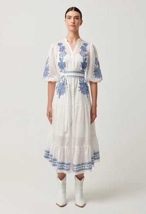 GABRIETTE PLACEMENT EMBROIDERED COTTON SLUB DRESS -MILK