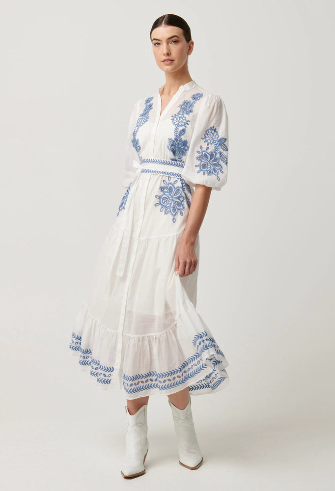 GABRIETTE PLACEMENT EMBROIDERED COTTON SLUB DRESS -MILK