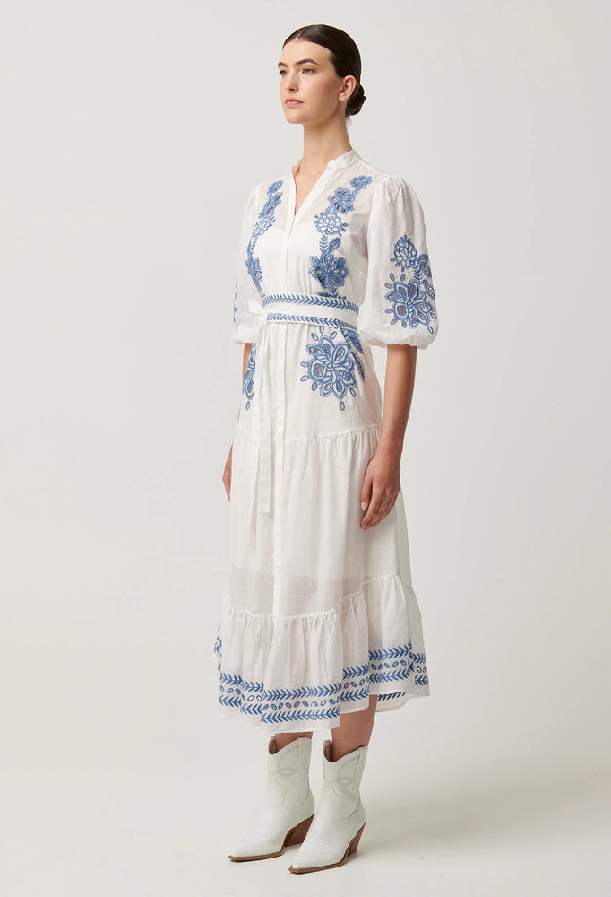 GABRIETTE PLACEMENT EMBROIDERED COTTON SLUB DRESS -MILK