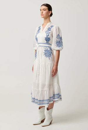 GABRIETTE PLACEMENT EMBROIDERED COTTON SLUB DRESS -MILK