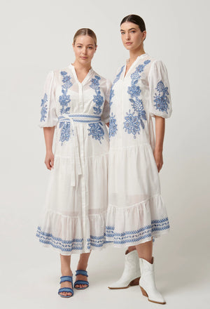 GABRIETTE PLACEMENT EMBROIDERED COTTON SLUB DRESS -MILK