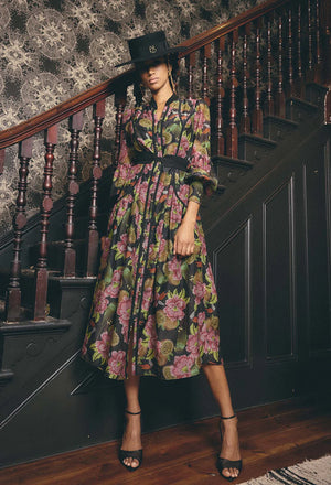 ESMERALDA COTTON SILK LACE TRIM SPLICED MIDI DRESS - WINTER GRANADILLA