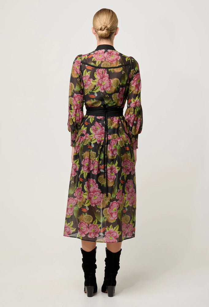 ESMERALDA COTTON SILK LACE TRIM SPLICED MIDI DRESS - WINTER GRANADILLA