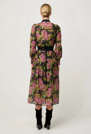 ESMERALDA COTTON SILK LACE TRIM SPLICED MIDI DRESS - WINTER GRANADILLA