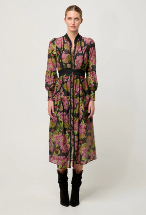 ESMERALDA COTTON SILK LACE TRIM SPLICED MIDI DRESS - WINTER GRANADILLA