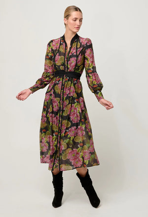 ESMERALDA COTTON SILK LACE TRIM SPLICED MIDI DRESS - WINTER GRANADILLA