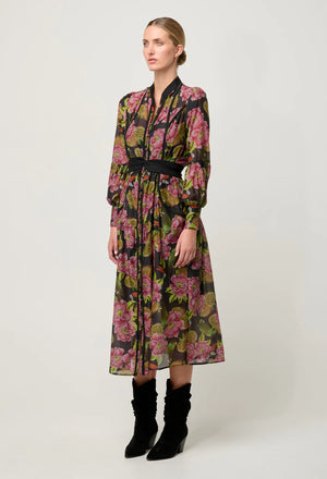 ESMERALDA COTTON SILK LACE TRIM SPLICED MIDI DRESS - WINTER GRANADILLA