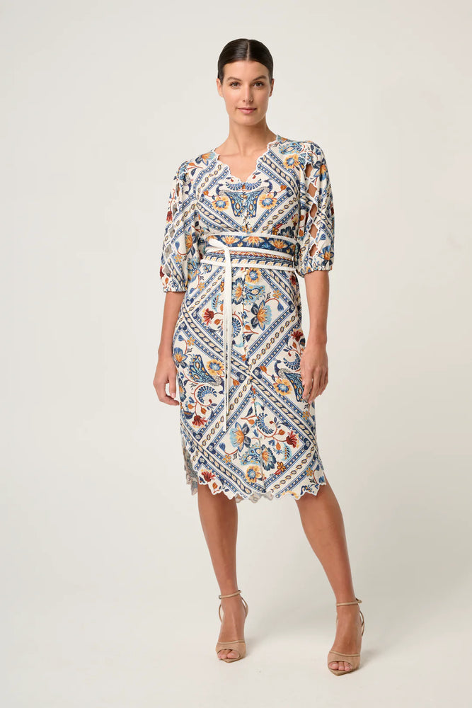 Theia Viscose Scallop Embroidered Dress in Petinos Floros