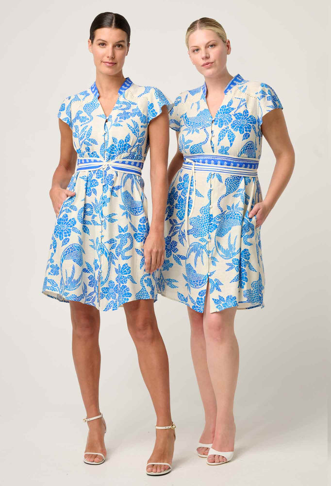 Adriana Linen Viscose Embroidered Yoke Dress in Azure Mosaic