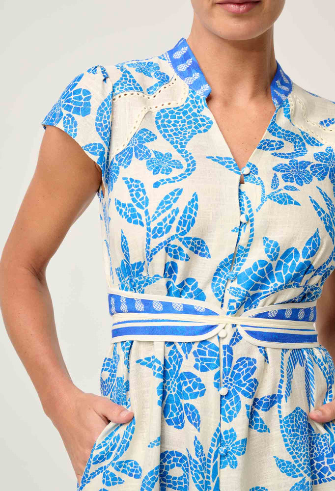 Adriana Linen Viscose Embroidered Yoke Dress in Azure Mosaic