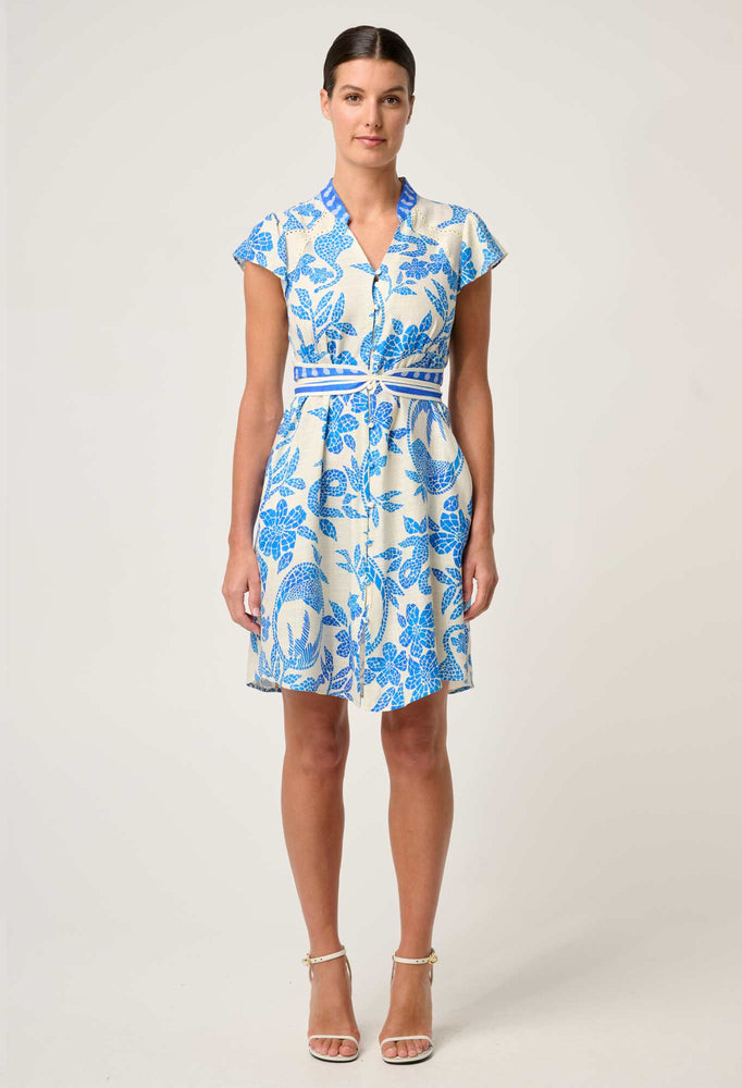 Adriana Linen Viscose Embroidered Yoke Dress in Azure Mosaic