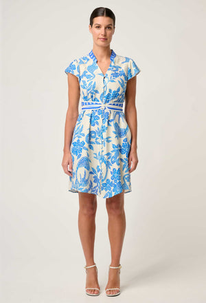 Adriana Linen Viscose Embroidered Yoke Dress in Azure Mosaic
