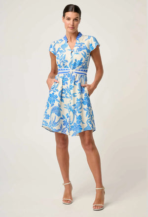 Adriana Linen Viscose Embroidered Yoke Dress in Azure Mosaic
