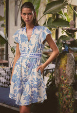 Adriana Linen Viscose Embroidered Yoke Dress in Azure Mosaic