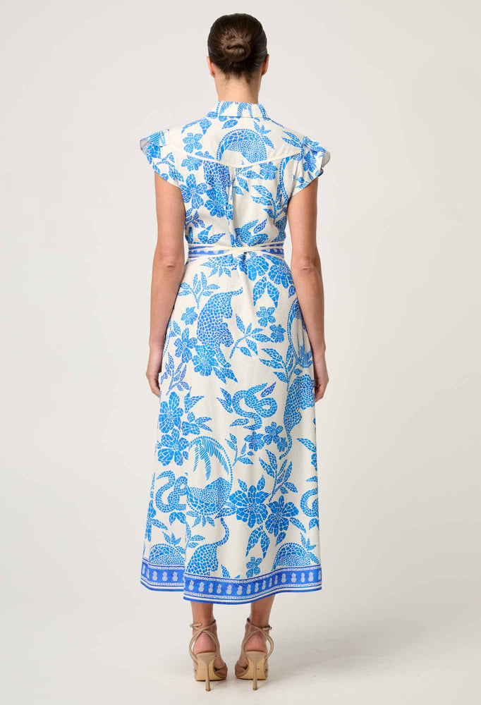 Callista Viscose Dobby Petal Sleeve Dress in Azure Mosaic