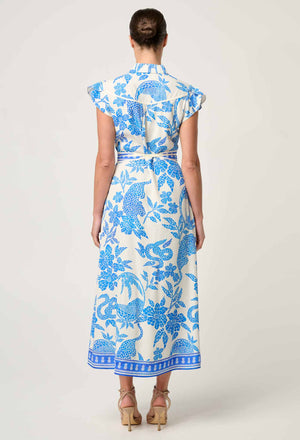Callista Viscose Dobby Petal Sleeve Dress in Azure Mosaic