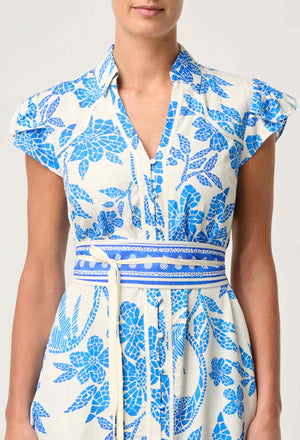 Callista Viscose Dobby Petal Sleeve Dress in Azure Mosaic