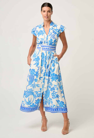 Callista Viscose Dobby Petal Sleeve Dress in Azure Mosaic