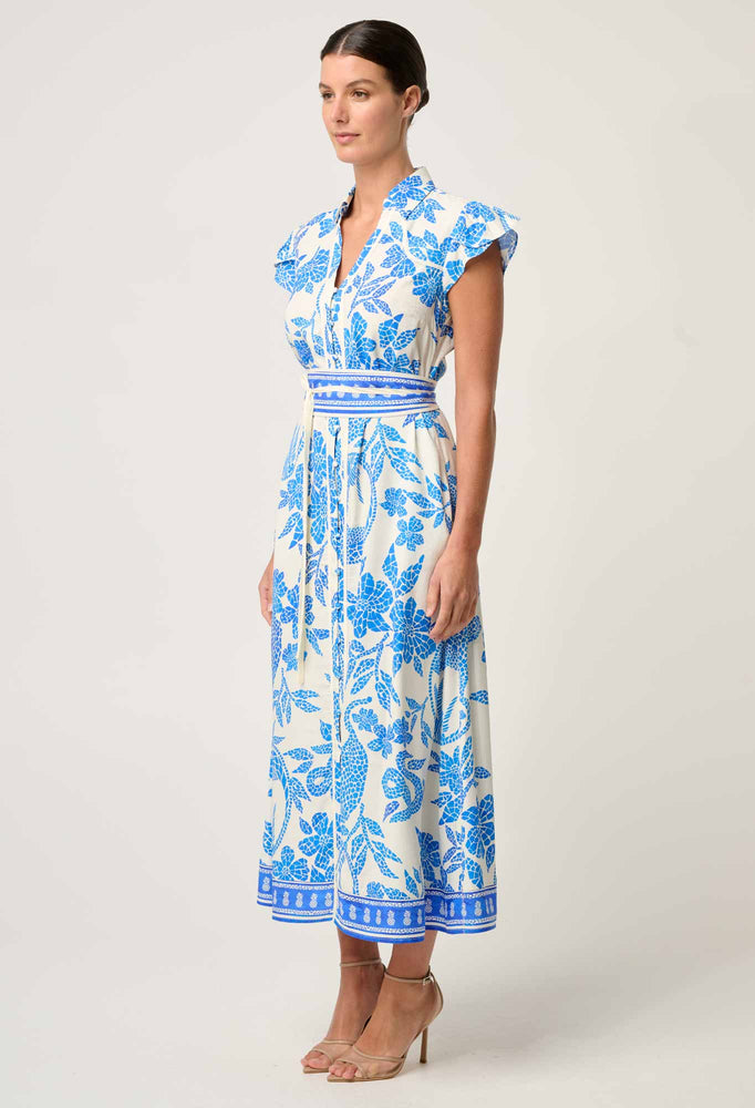 Callista Viscose Dobby Petal Sleeve Dress in Azure Mosaic