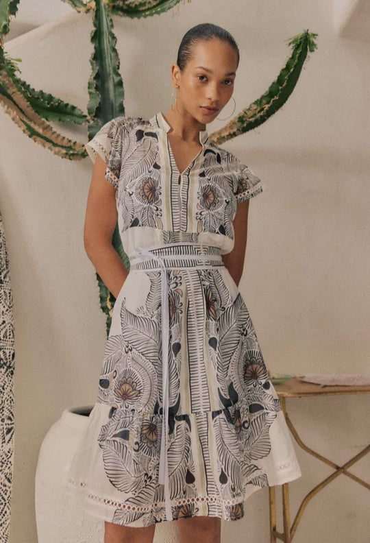 Malika Silk Cotton Lace Trim Flutter Sleeve Dress