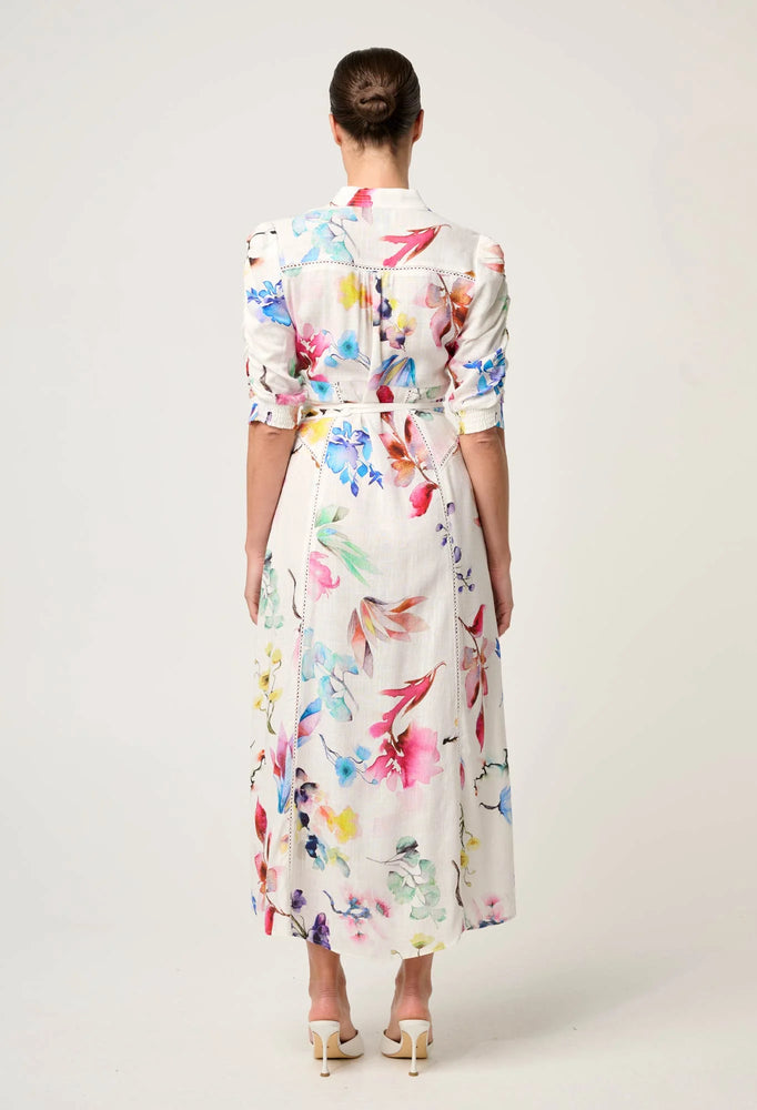Xenia Yoke Linen Viscose Dress in Plume Blossom