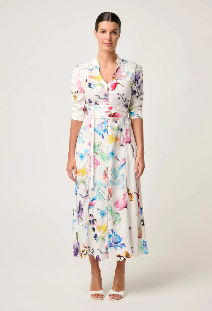 Xenia Yoke Linen Viscose Dress in Plume Blossom
