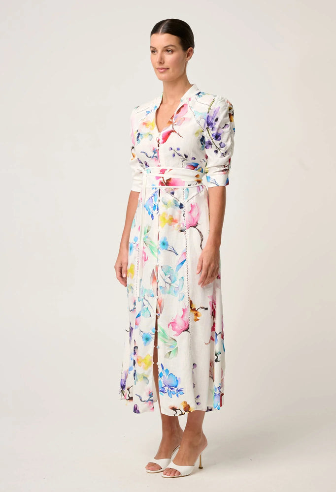 Xenia Yoke Linen Viscose Dress in Plume Blossom