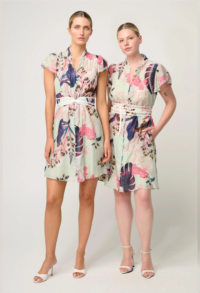 Nisreen Silk Cotton Embroidered Flutter Sleeve Dress in Oasis Flora