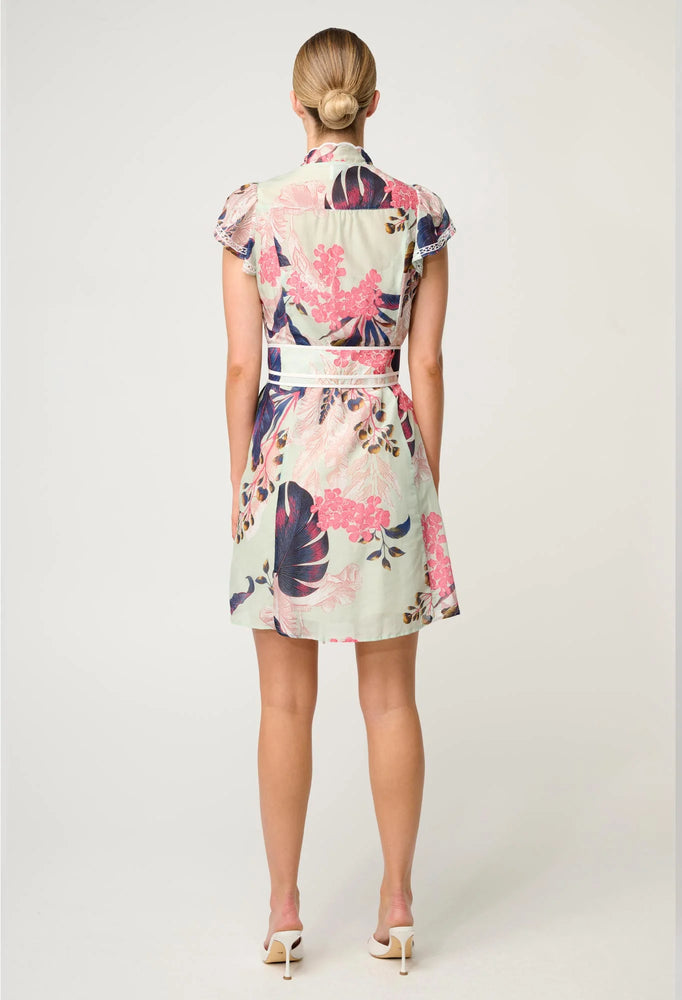 Nisreen Silk Cotton Embroidered Flutter Sleeve Dress in Oasis Flora