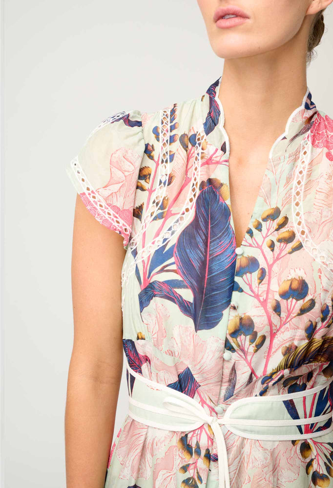 Nisreen Silk Cotton Embroidered Flutter Sleeve Dress in Oasis Flora