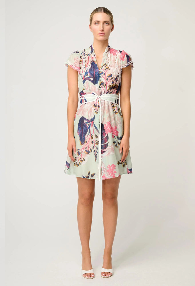 Nisreen Silk Cotton Embroidered Flutter Sleeve Dress in Oasis Flora