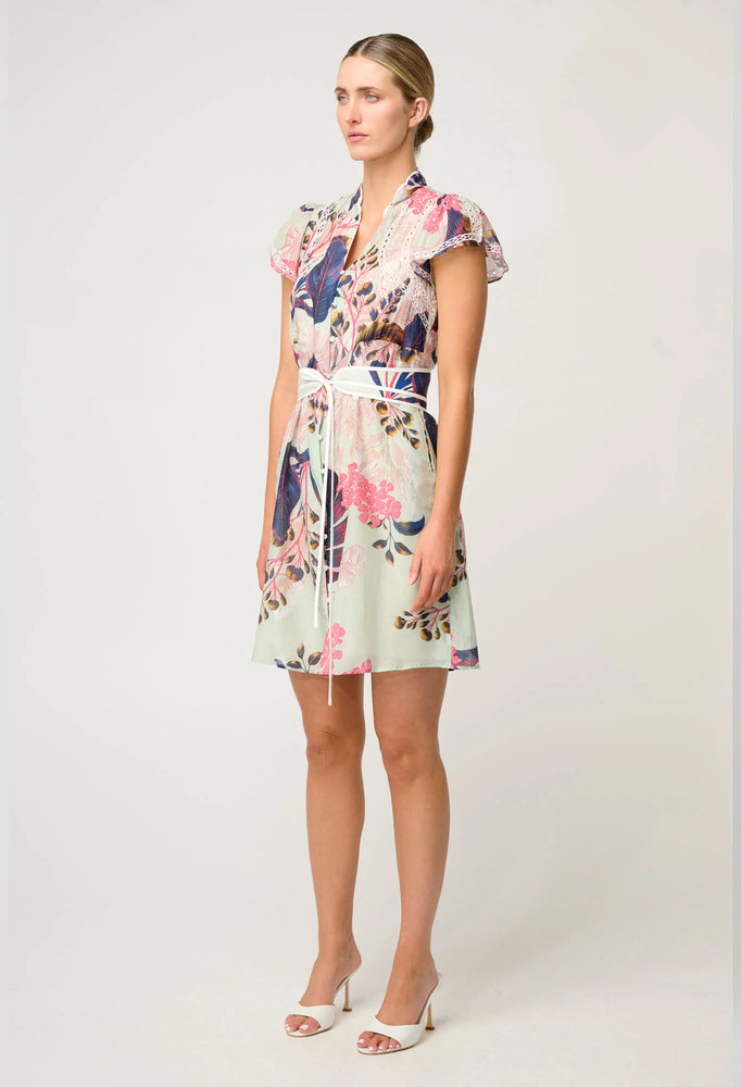 Nisreen Silk Cotton Embroidered Flutter Sleeve Dress in Oasis Flora