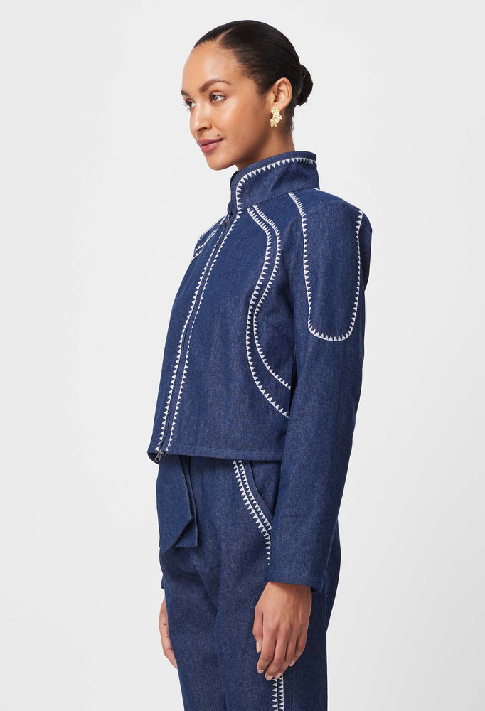 DELRAY REVERSIBLE PLACEMENT EMBROIDERED COTTON DENIM & LINEN JACKET - PALM SHADOW