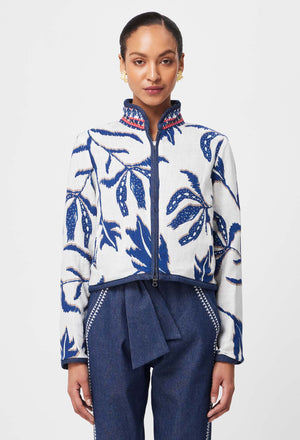 DELRAY REVERSIBLE PLACEMENT EMBROIDERED COTTON DENIM & LINEN JACKET - PALM SHADOW