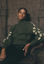 CARMELA PLACEMENT EMBROIDERED WOOL COTTON BLEND KNITTED BOMBER - OLIVA