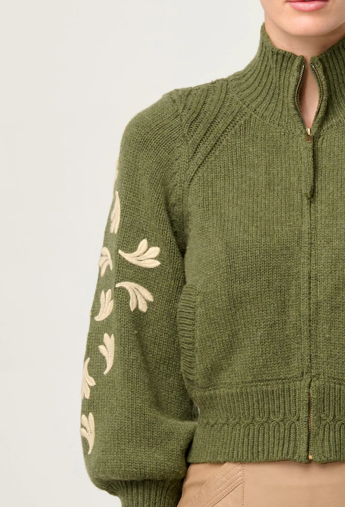 CARMELA PLACEMENT EMBROIDERED WOOL COTTON BLEND KNITTED BOMBER - OLIVA