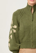 CARMELA PLACEMENT EMBROIDERED WOOL COTTON BLEND KNITTED BOMBER - OLIVA