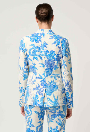 Leandro Contrast Lace Linen Viscose Stretch Blazer in Azure Mosaic