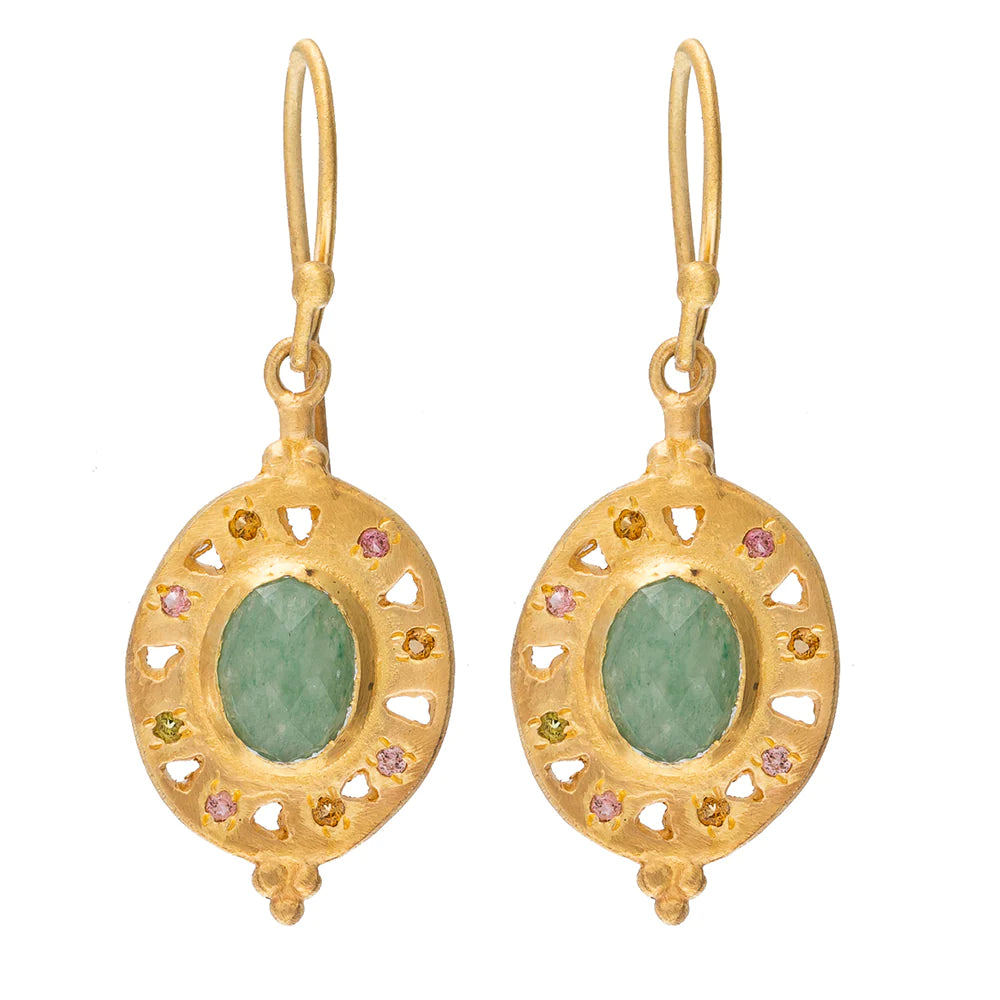 Artemis gold plate earrings with Green Aventurine and Multi Tourmaline