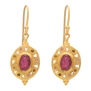 Artemis gold plate earrings with Pink Tourmaline and Multi Tourmaline