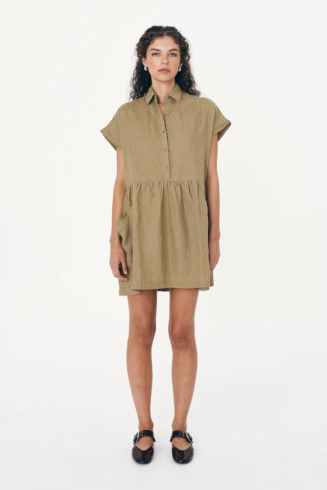 Gina Linen Mini Dress Dusty Olive