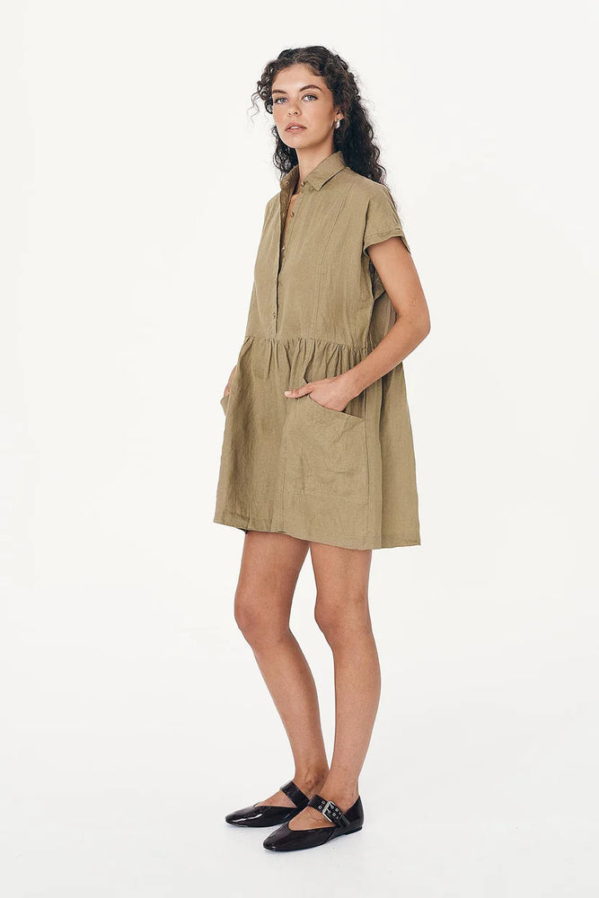 Gina Linen Mini Dress Dusty Olive
