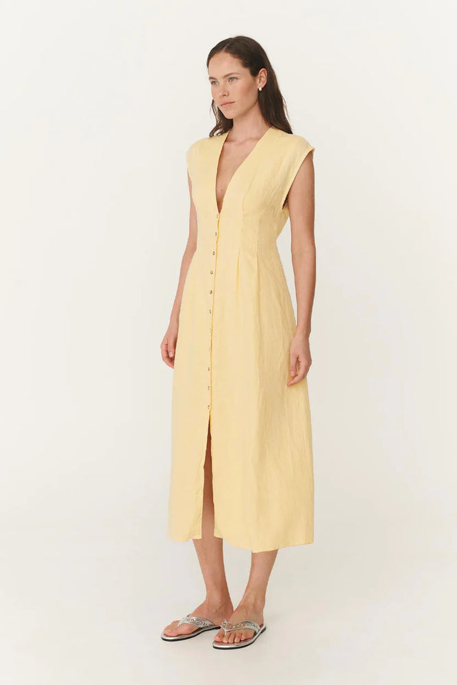 Mira Linen Midi Dress Lemon