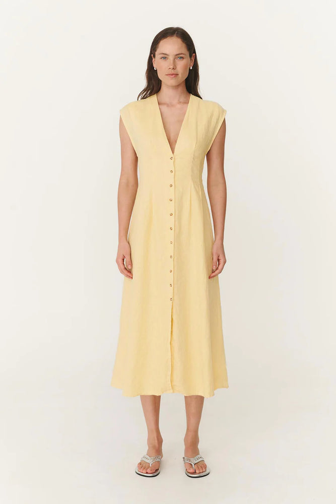 Mira Linen Midi Dress Lemon