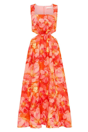 EMELIA CUT OUT MIDI DRESS - Red & Pink Floral