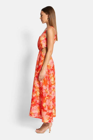 EMELIA CUT OUT MIDI DRESS - Red & Pink Floral