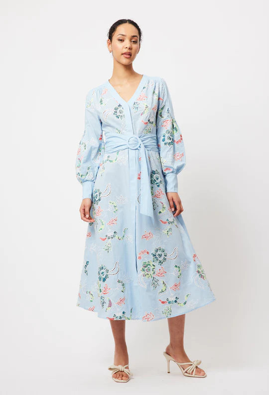 ELYSIAN EMBROIDERED COTTON COAT DRESS IN CHAMBRAY APPLIQUE