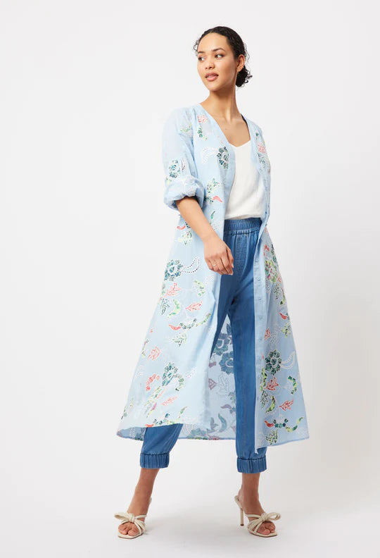 ELYSIAN EMBROIDERED COTTON COAT DRESS IN CHAMBRAY APPLIQUE